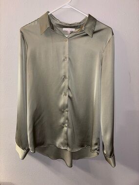 Skies Are Blue Satin Button-Front Blouse in Light Sage Green